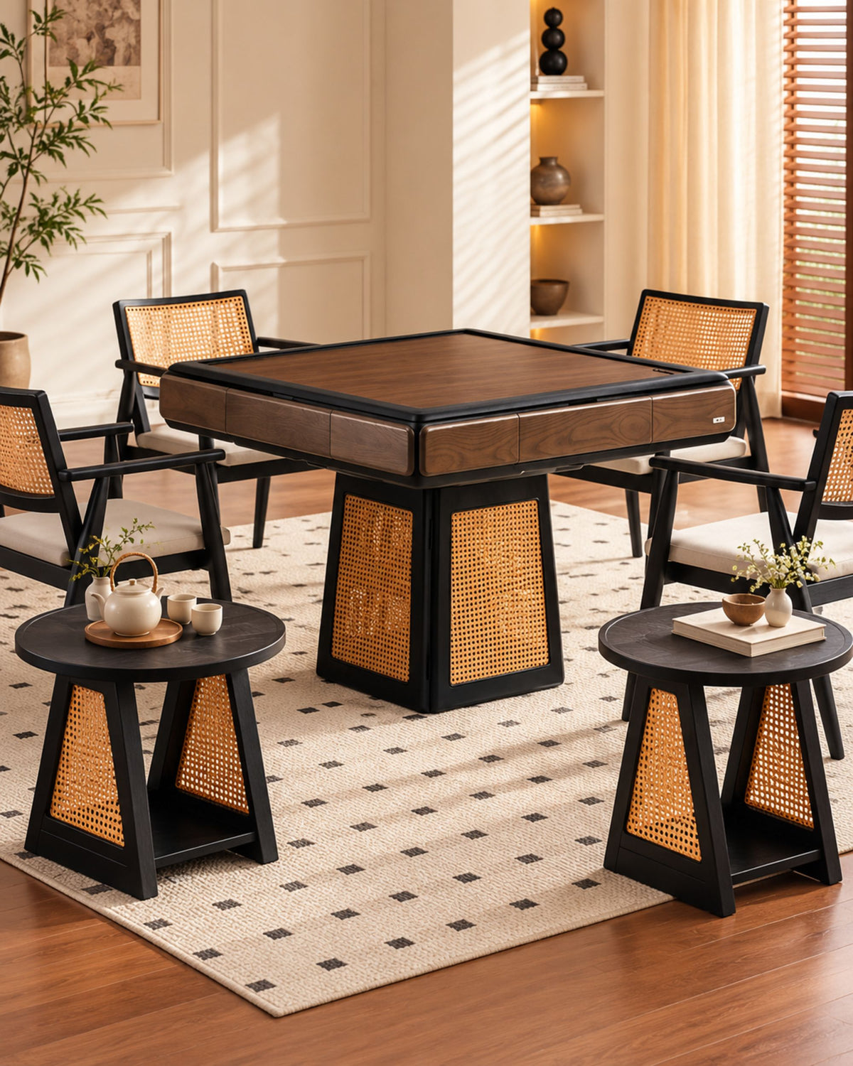 Premsons® Luxury Automatic Mahjong Table & Chairs Set with 2 Mahjong Tile Sets and Amber Red Playing Mat – Premium Mahjong Game Rattan Table Set