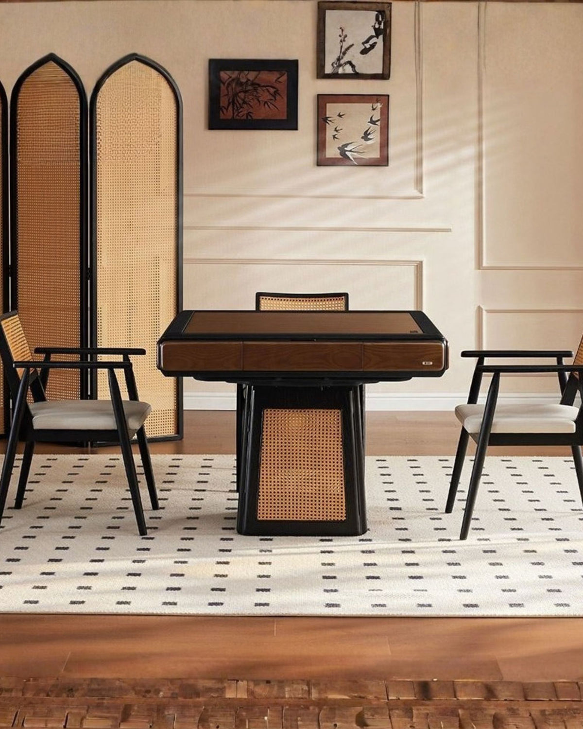Mahjong table with four chairs, dark tabletop and woven wicker side panels