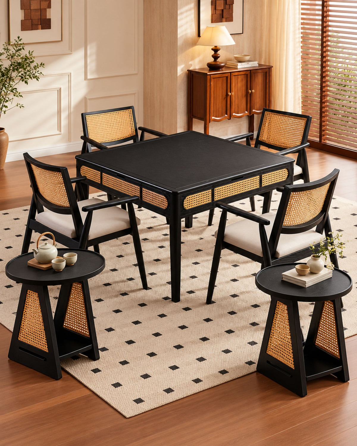 Black mahjong table with 4 chairs, 2 side tables, and amber red playing mat