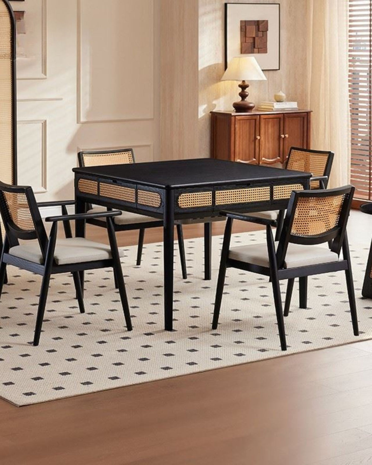 Mahjong game table set with black tabletop and four wicker chairs