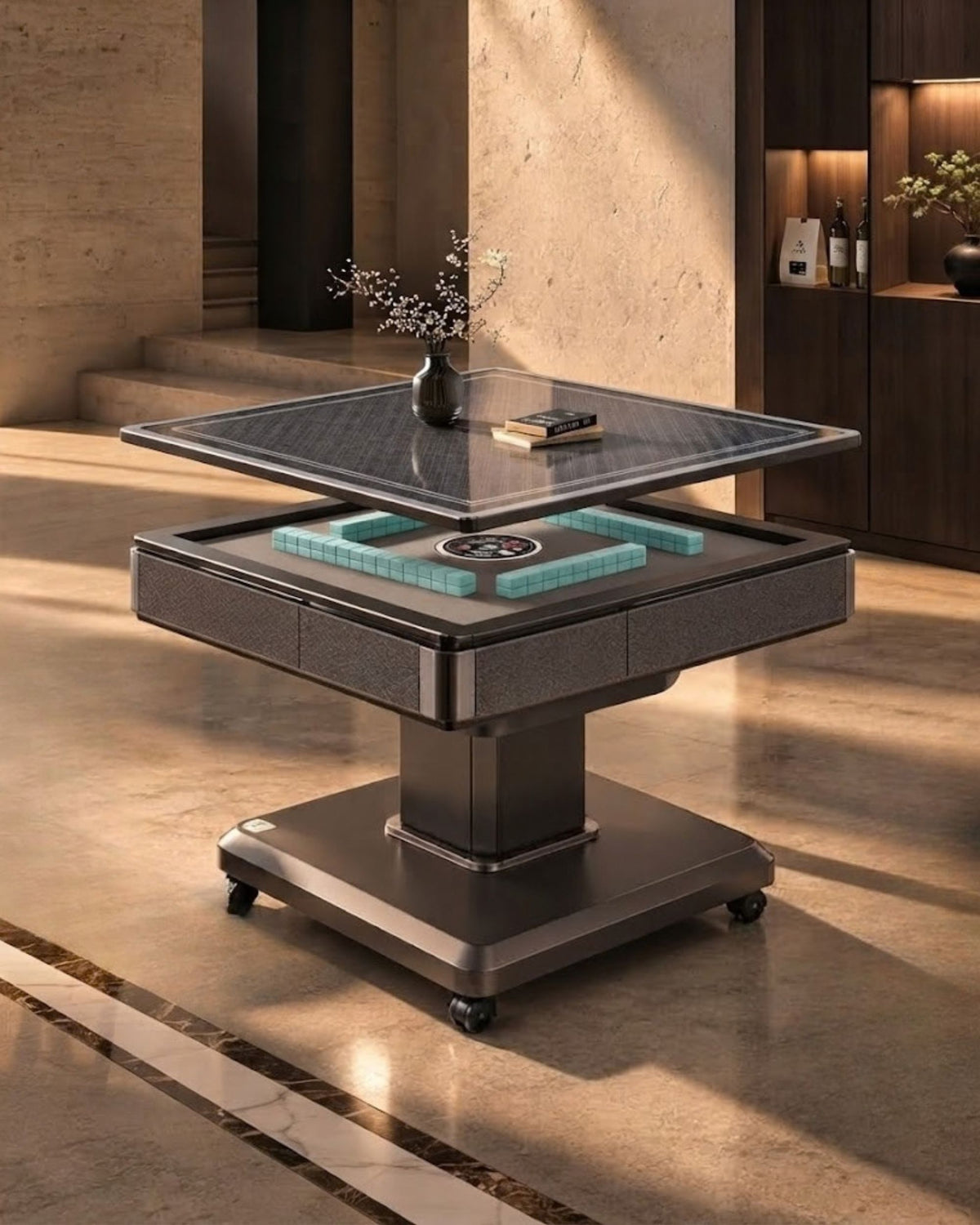 Black foldable mahjong table with grey mat and clear glass top, with wheeled pedestal base