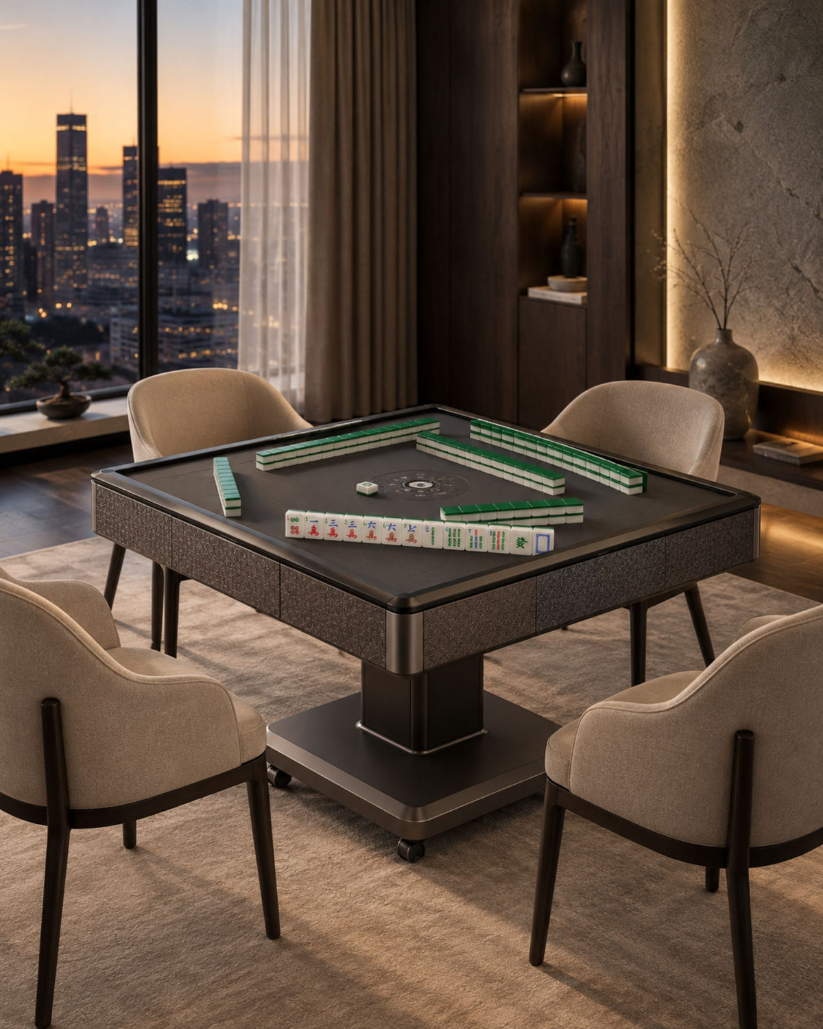 Black foldable mahjong table with grey mat, mahjong tiles, and glass top in living room