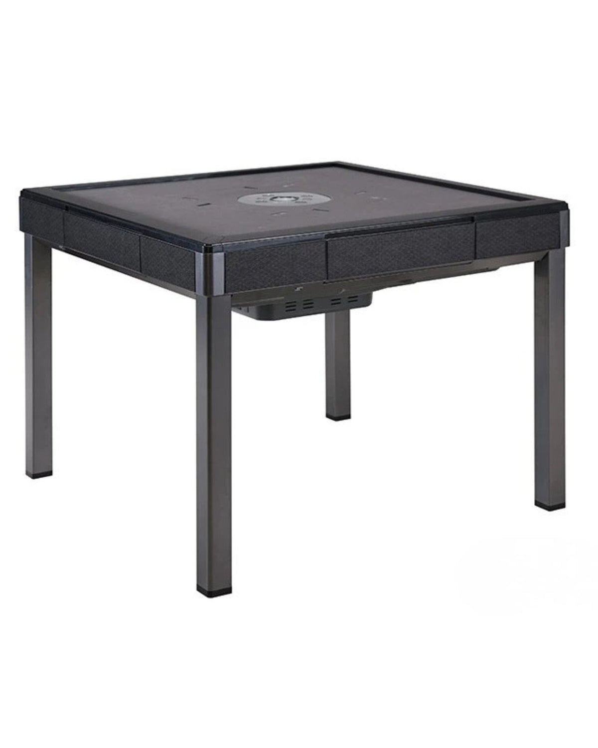Black foldable mahjong table with grey playing surface and hinged side panels