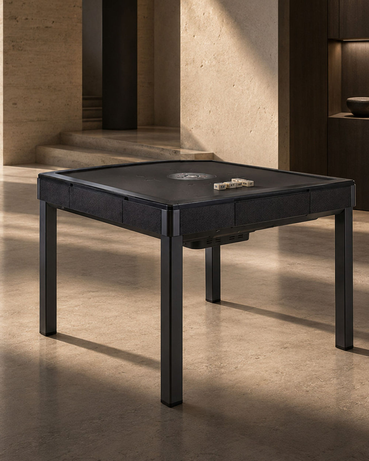 Black foldable mahjong table with grey top and four straight legs