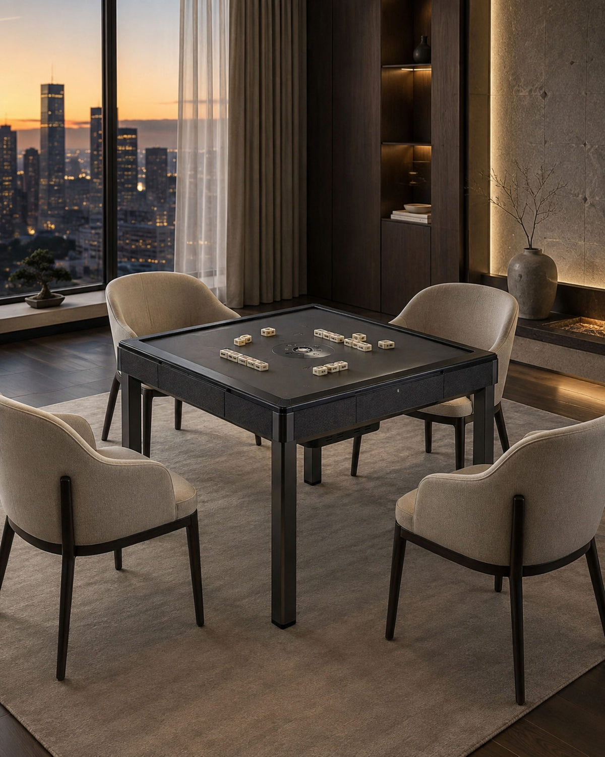Black mahjong game table with grey top, set for four chairs