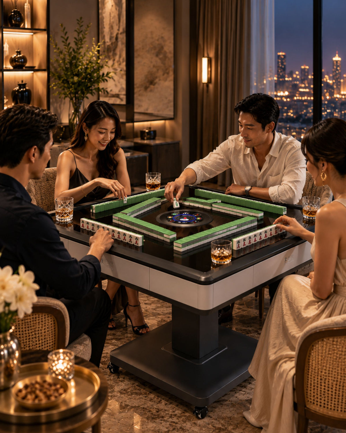 Premsons® Mocha Automatic Foldable Mahjong Table with 2 Sets of 44mm Mahjong Tiles & Grey Table Mat – Premium Portable Mahjong Game Table