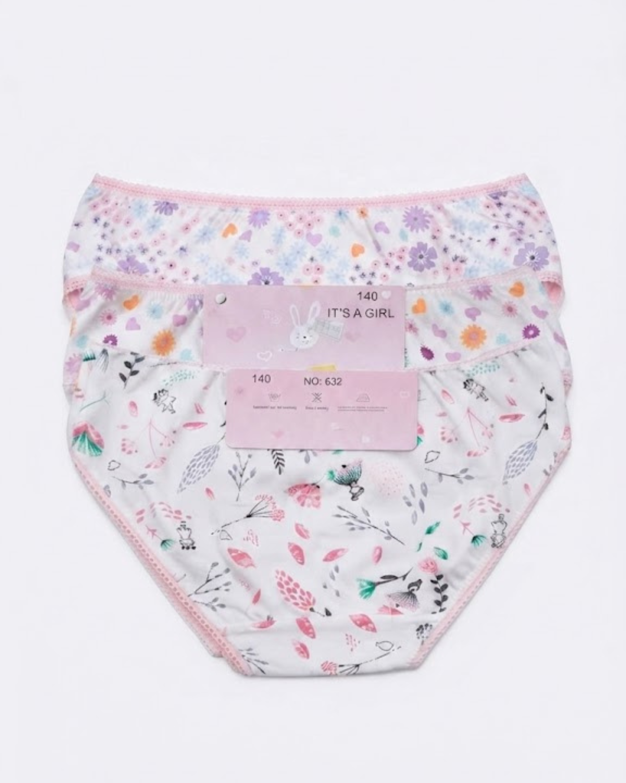 Girls' cotton panties, white with colorful floral print and pink trim