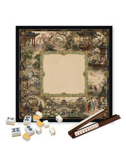 Mahjong table mat with vintage courtyard artwork and dark framed border