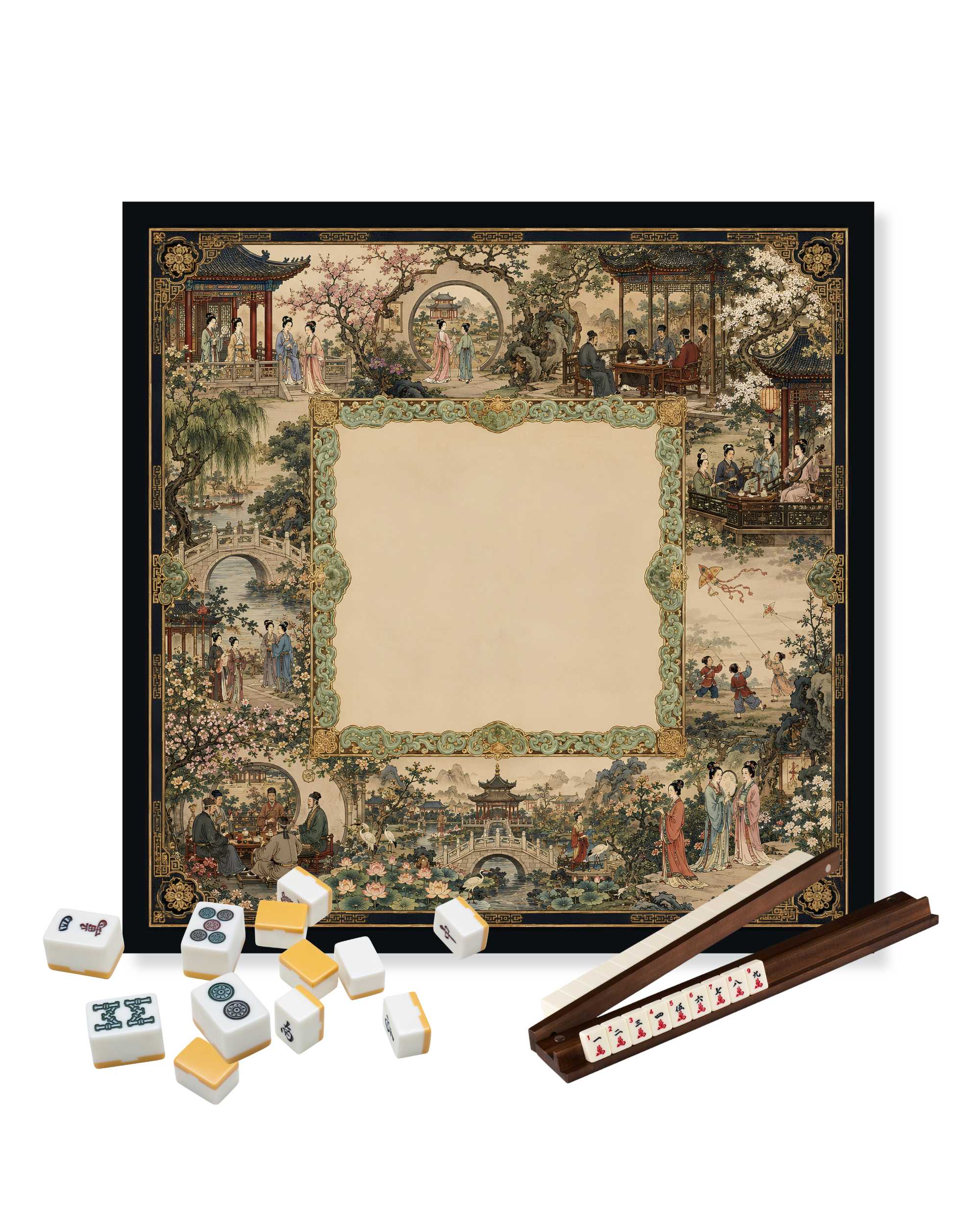 Mahjong table mat with vintage courtyard artwork and dark framed border