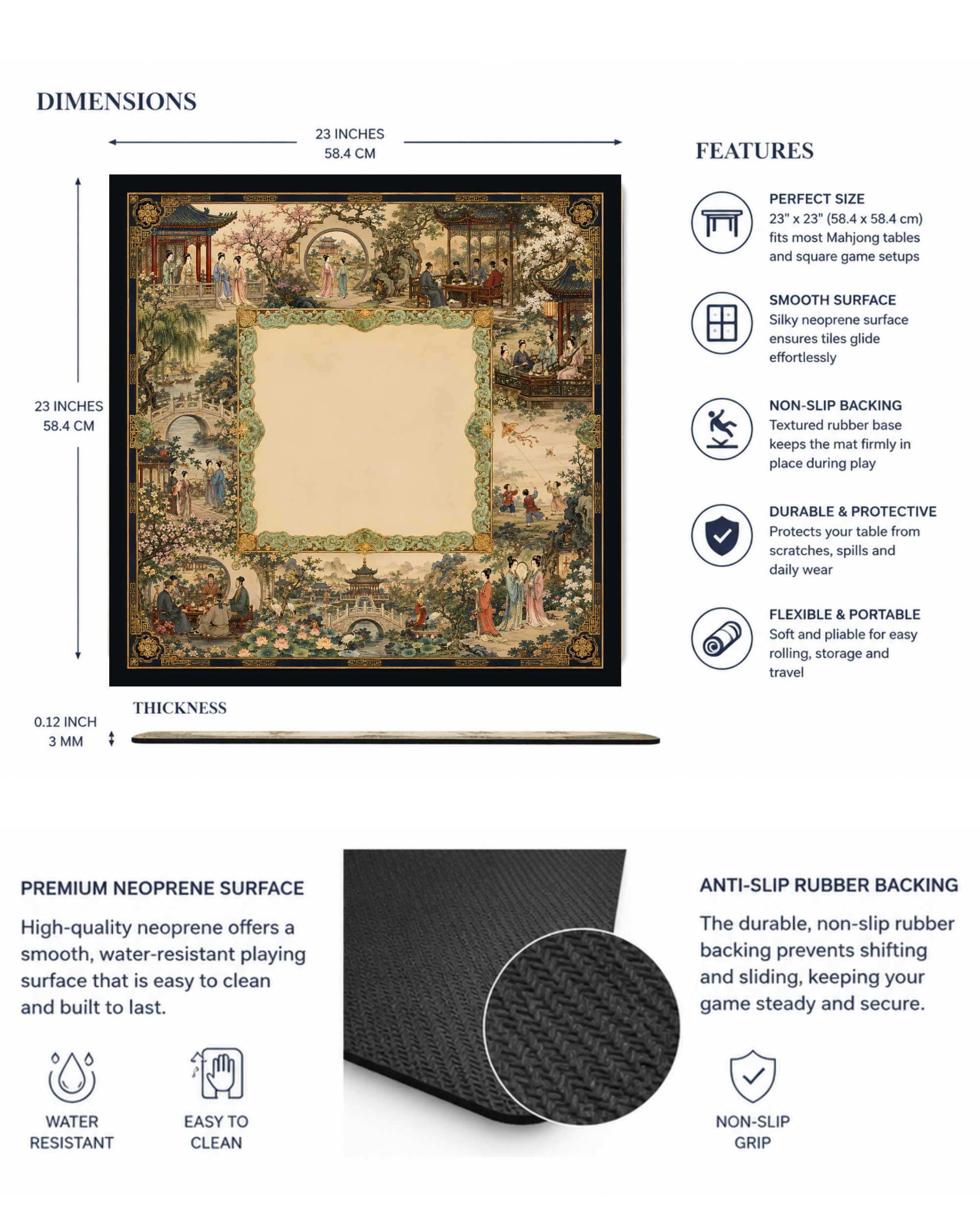Mahjong table mat with ornate garden scene and black border, 23x23 in