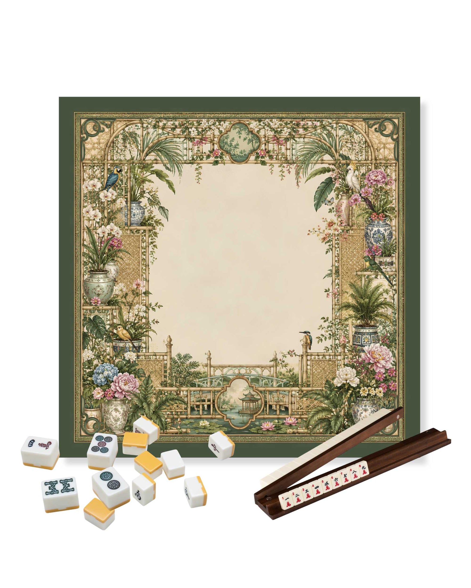 Square mahjong table mat with ornate garden trellis border; mahjong tiles on top.