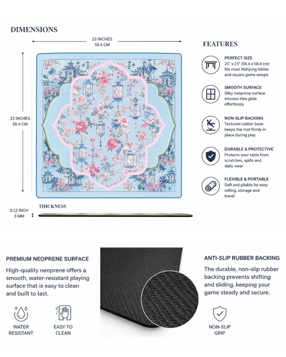 Premsons® Palace of Lanterns Mahjong Table Mat – Premium Anti-Slip Square Gaming & Decorative Mat - 23 x 23 inch - Versatile Non-Slip Play Surface