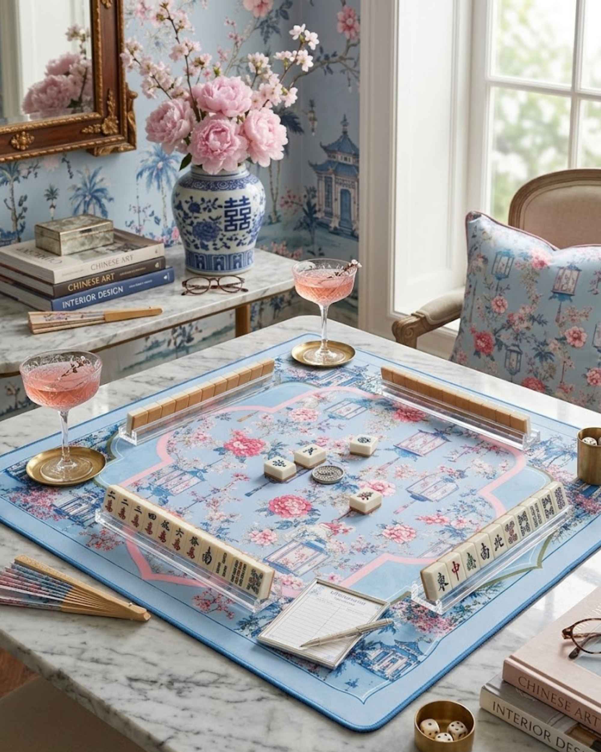 Square mahjong table mat with light blue floral artwork, pink accents, and rounded blue trim