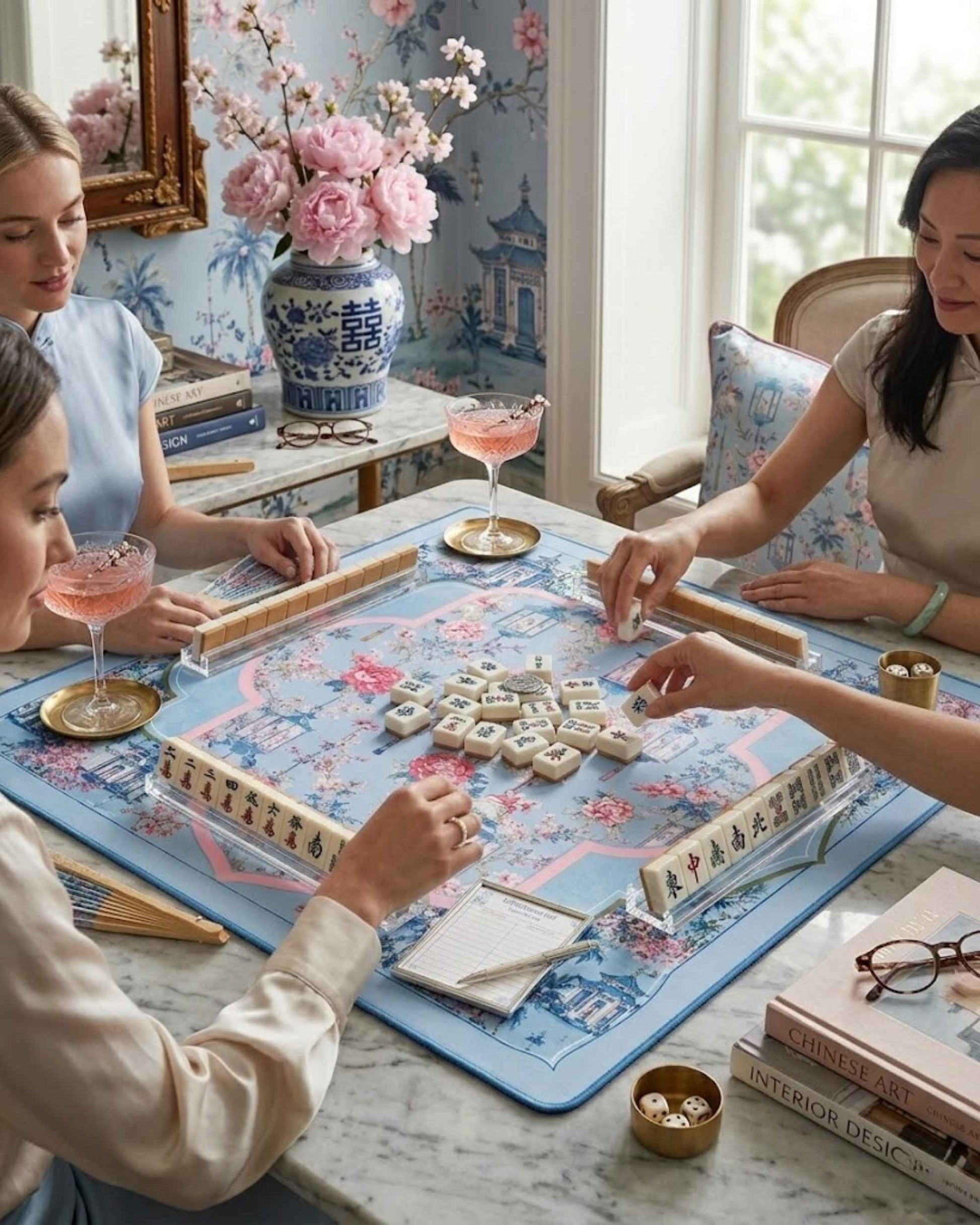 Square mahjong table mat, light blue floral design with pink blossoms and blue border