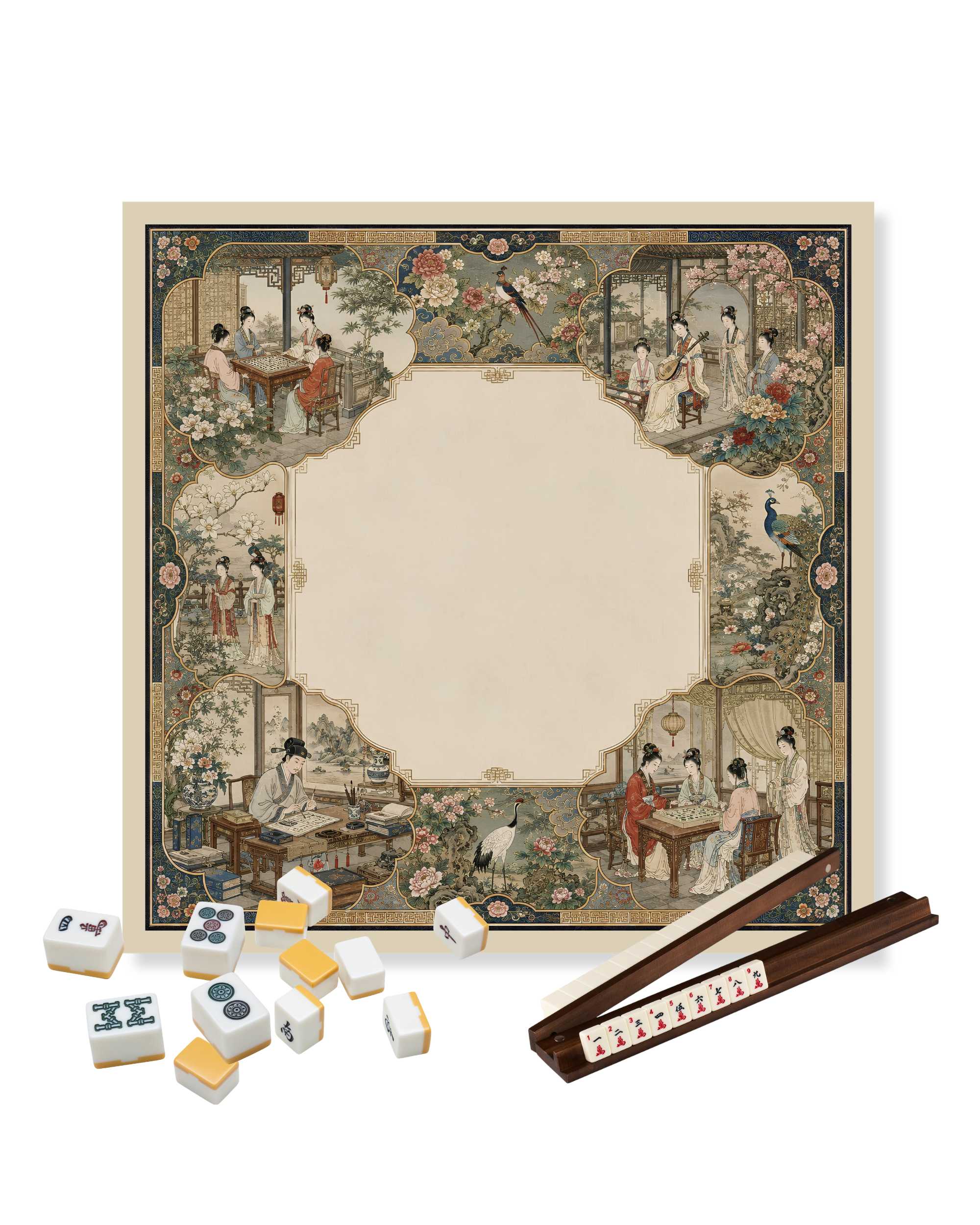 Square mahjong table mat with beige play area and colorful decorative border
