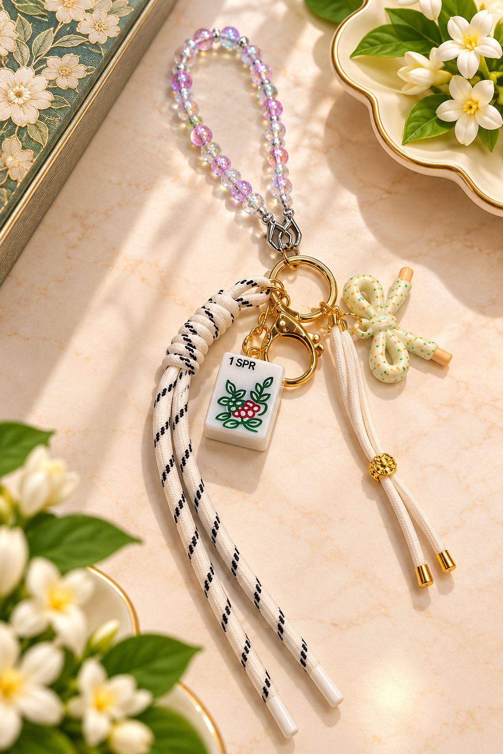 Mahjong tile keychain with pastel bead floral charm and gold-tone key ring, tassels