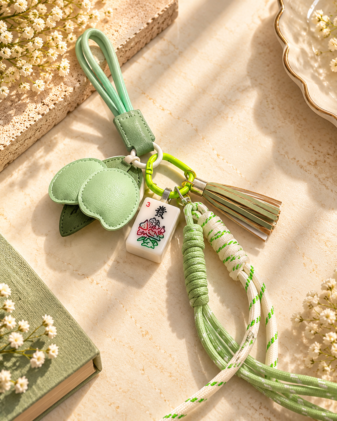 Pastel green mahjong tile keychain with floral charm and tassel cord