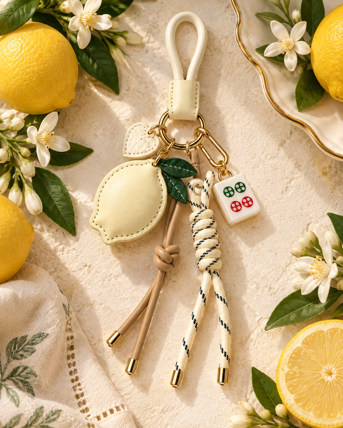 Mahjong tile keychain with white double cord, leaf charm, and red tile detail
