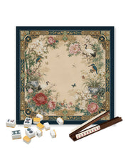 Square mahjong table mat with peony flowers, birds, and butterfly in vintage frame
