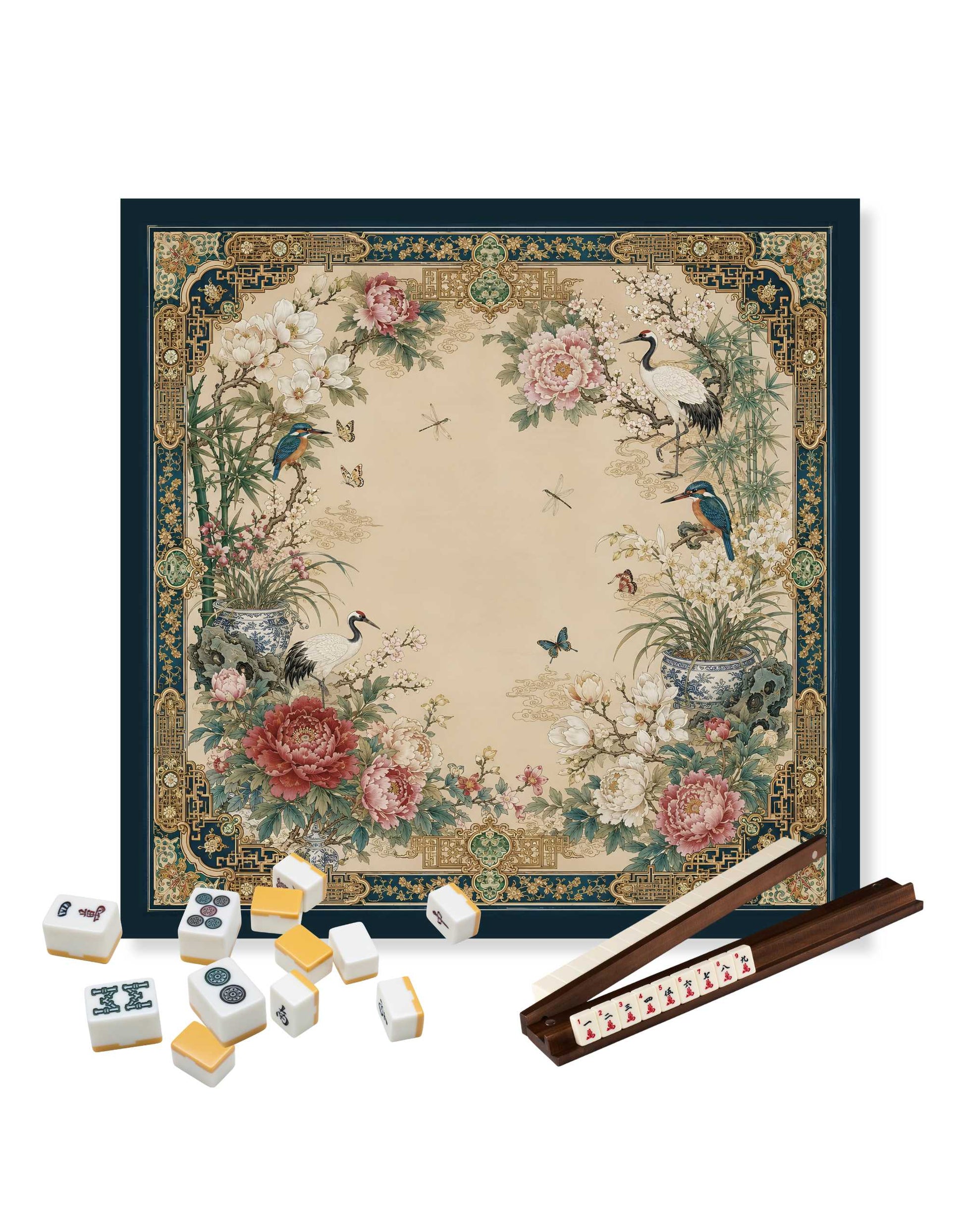 Square mahjong table mat with peony flowers, birds, and butterfly in vintage frame