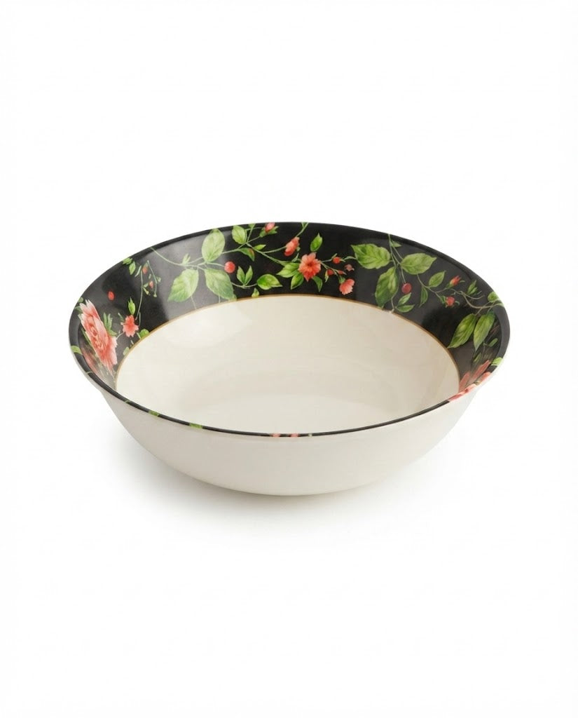 Melamine serving bowl with black floral print and beige interior