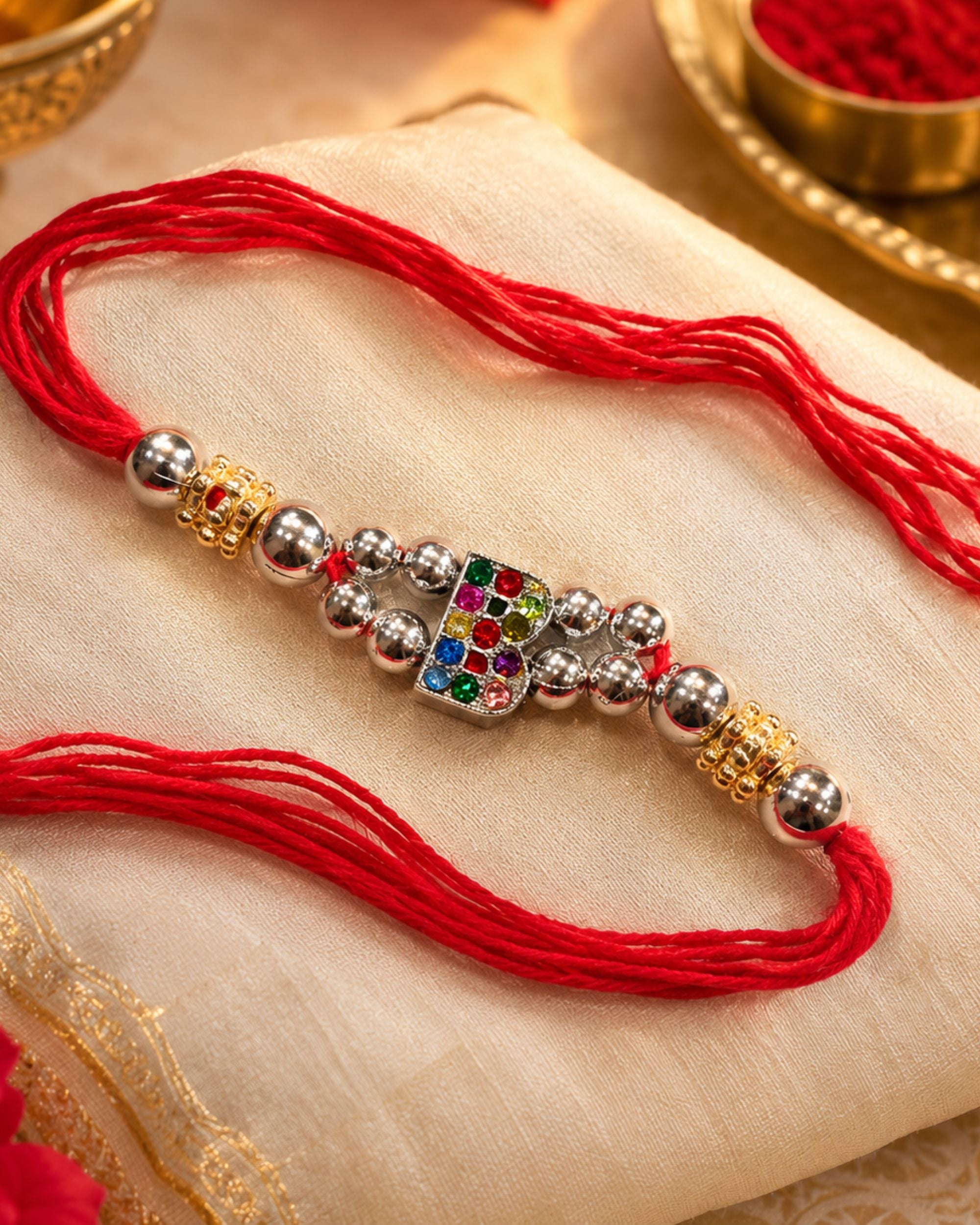 Premsons® Personalized Alphabet Rakhi – Red Thread Crystal Initial Rakhi for Brother