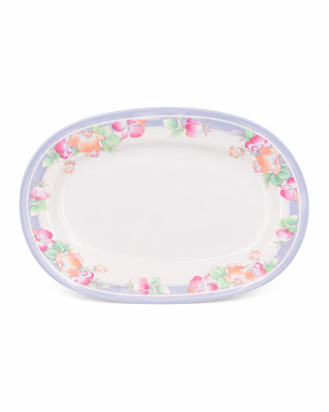 Oval melamine serving plate with pastel floral border around the rim