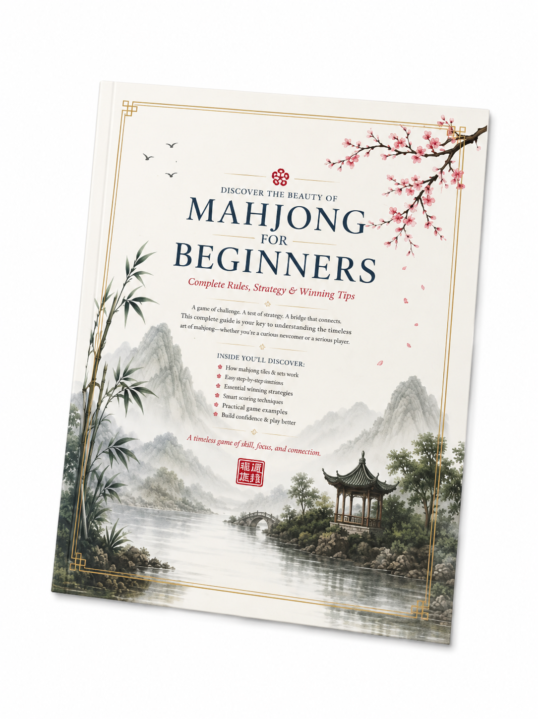 Mahjong for Beginners book cover with mountain lake scene and decorative plum blossoms
