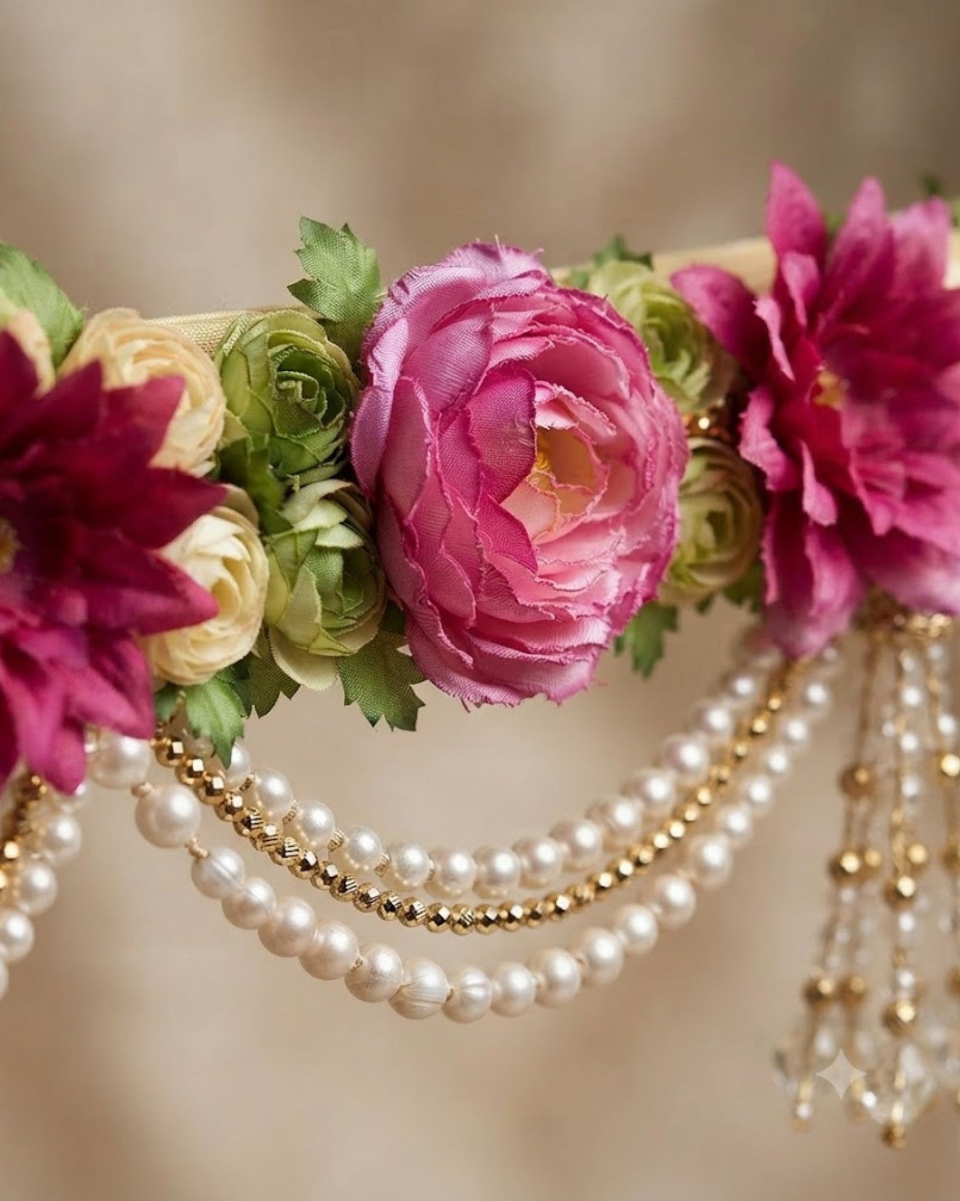 Pink floral toran close-up with pearl and gold bead strands and dangling tassels