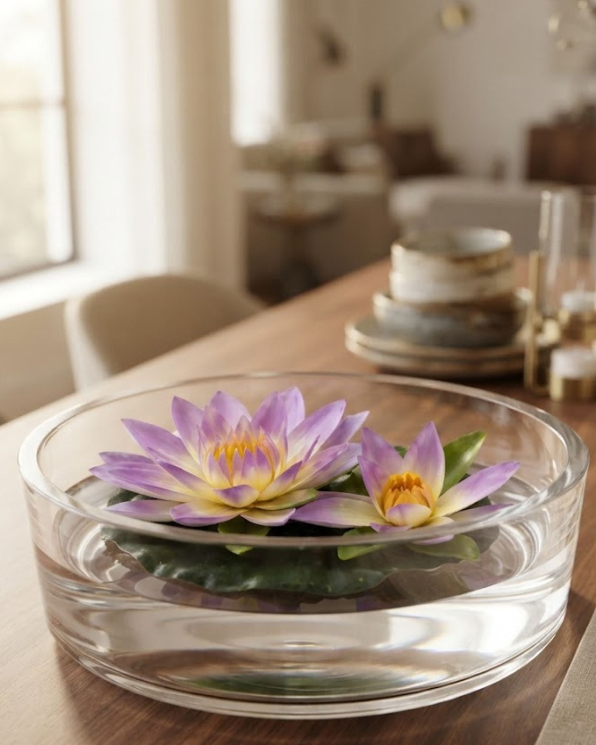 Purple artificial lotus flowers on green lily pads in a clear bowl, set of 4