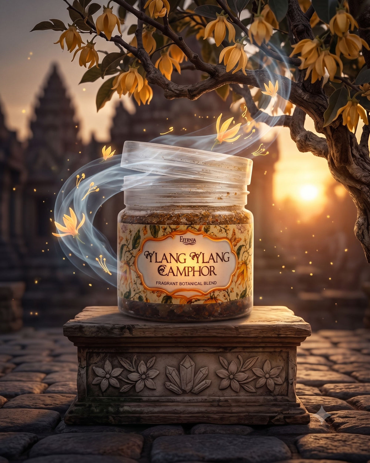 Fragrant botanical blend jar with glass body and gold-toned lid, Ylang Ylang Camphor label