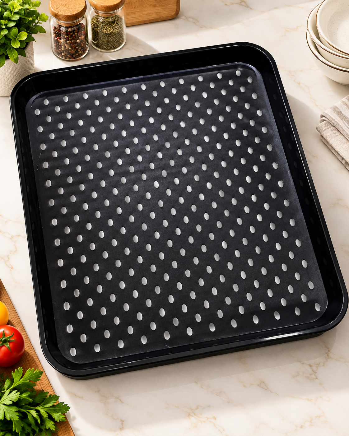 Premsons® Black Perforated Serving Tray | Non-Slip Textured Base with Raised Edges