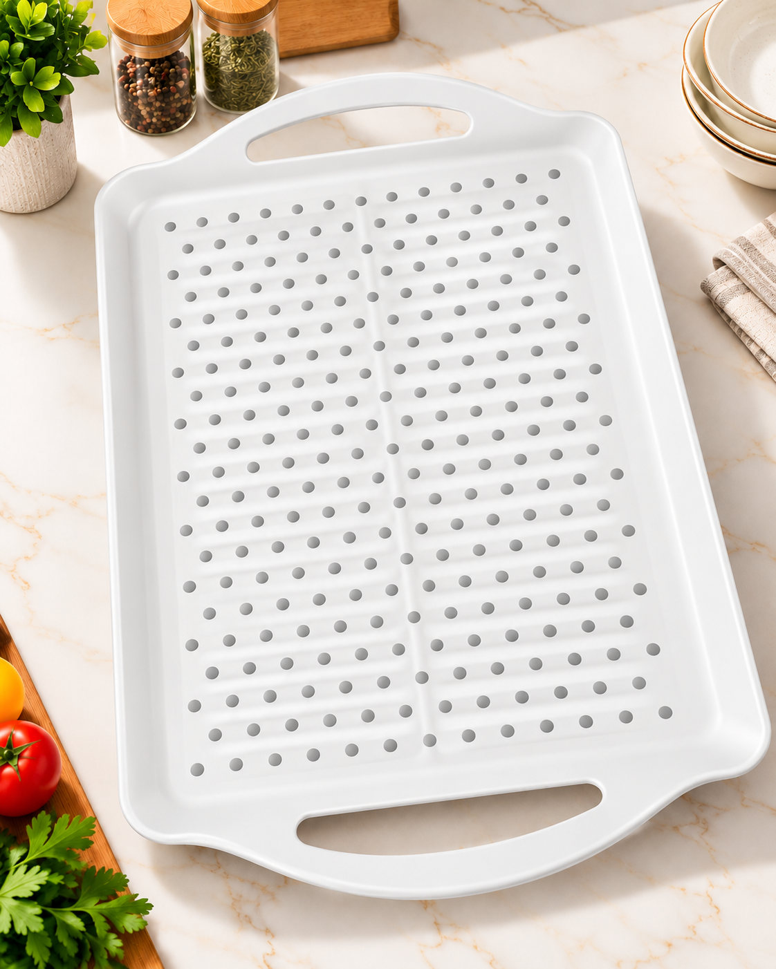 Rectangular perforated baking tray with handles, non-stick, white