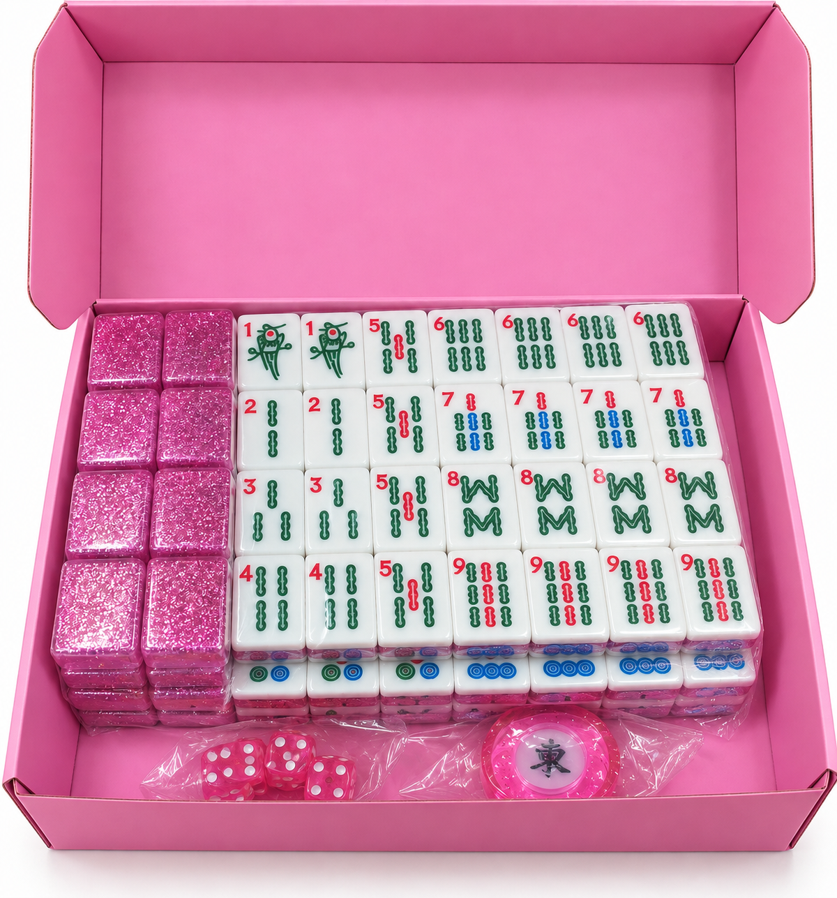 Pink glitter mahjong tile set with 152 tiles in open storage box