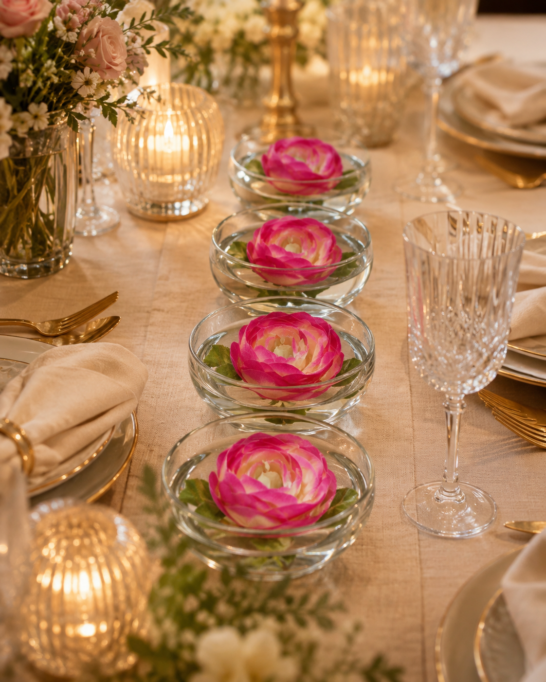 Glass bowls with pink artificial floating flowers arranged on an event dinner table