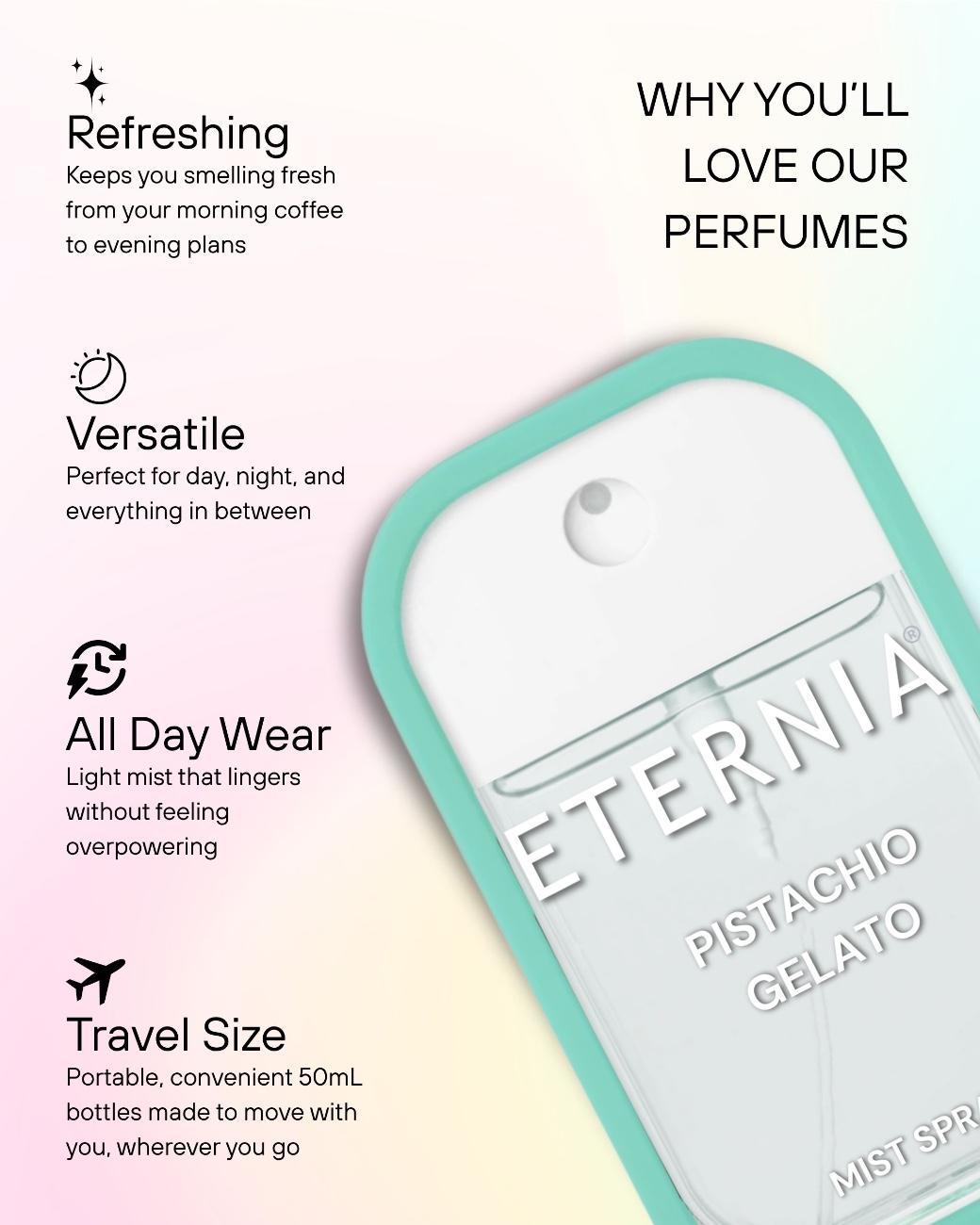 Eternia® Pistachio Gelato Perfume Mist Spray – Sweet Pistachio, Vanilla & Cream | Long-Lasting 50ml Fragrance Spray