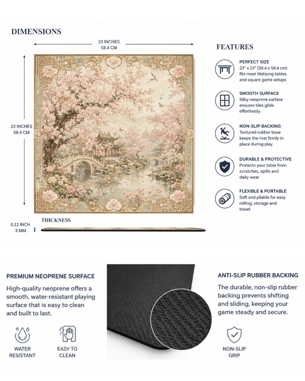 Premsons® Plum Blossoms in Nanjing Mahjong Table Mat – Premium Anti-Slip Square Gaming & Decorative Mat - 23 x 23 inch - Versatile Non-Slip Play Surface