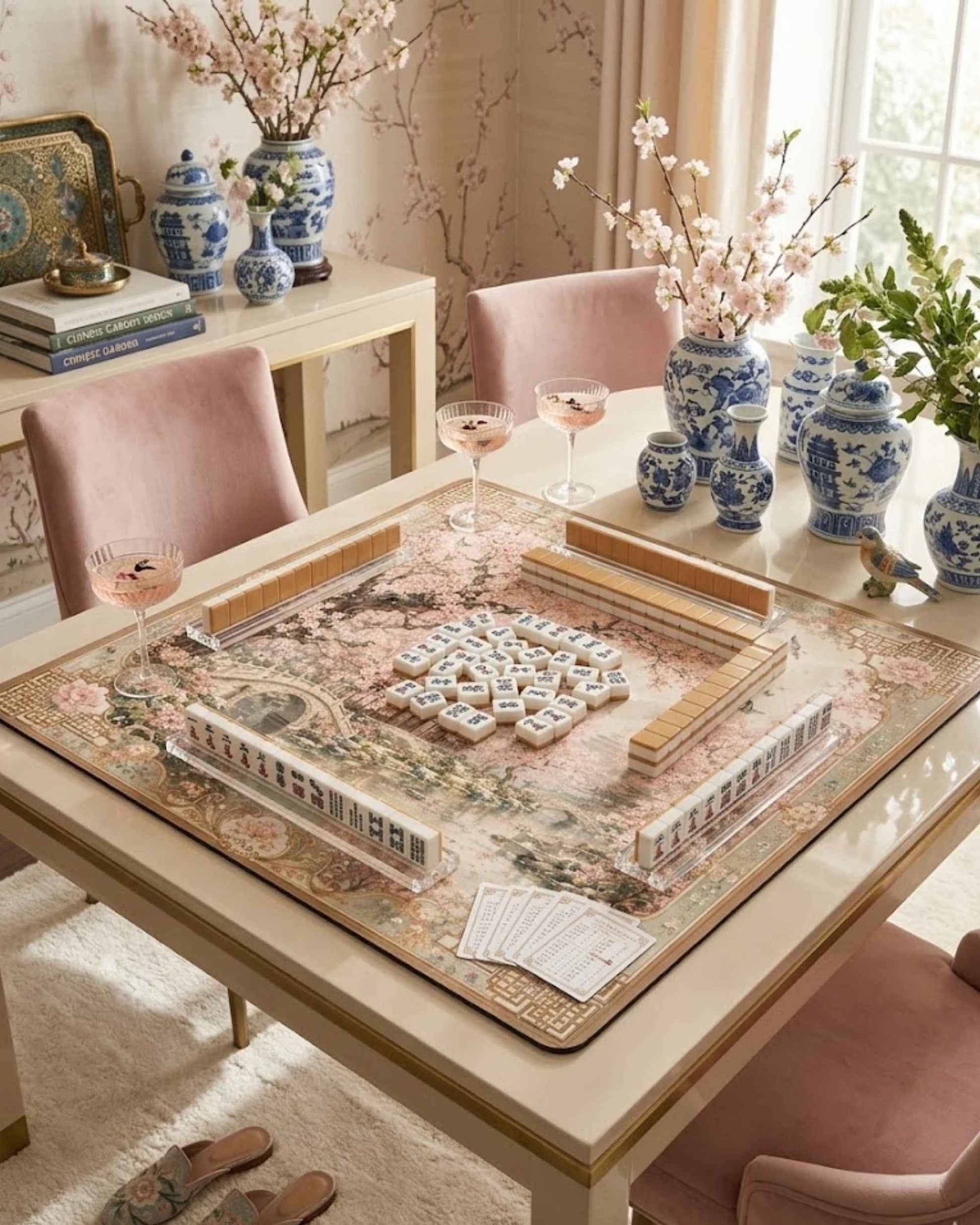 Square mahjong table mat with plum blossom pattern and non-slip textured surface