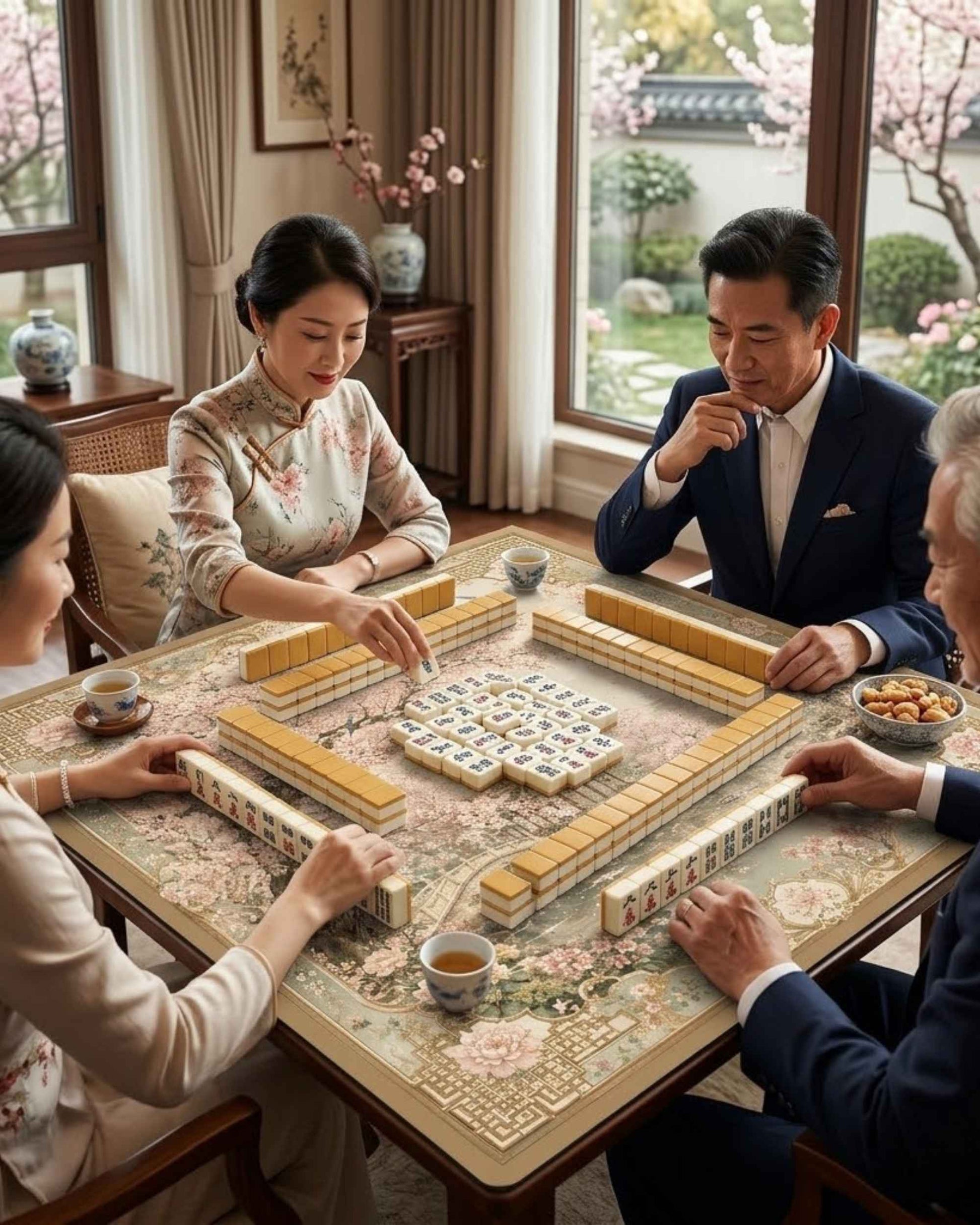 Plum blossom mahjong table mat on dining table with mahjong tiles for play