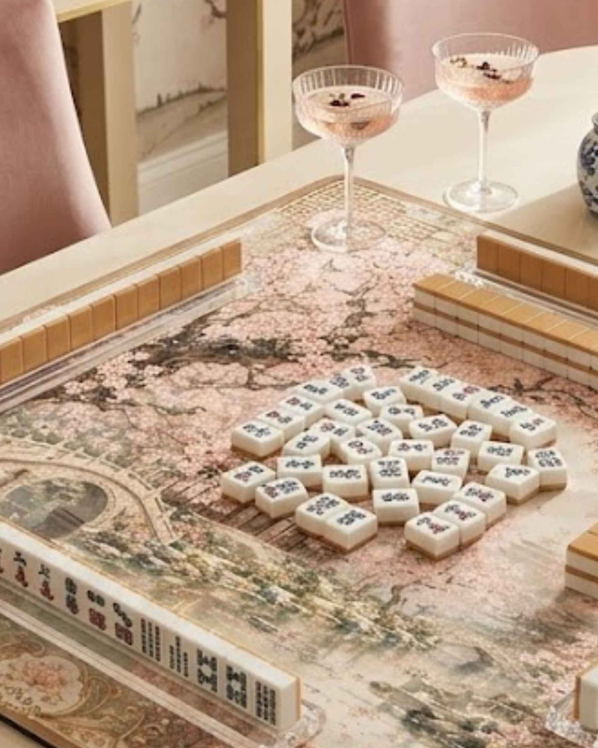 Square mahjong table mat close-up with floral map-style design and raised non-slip texture