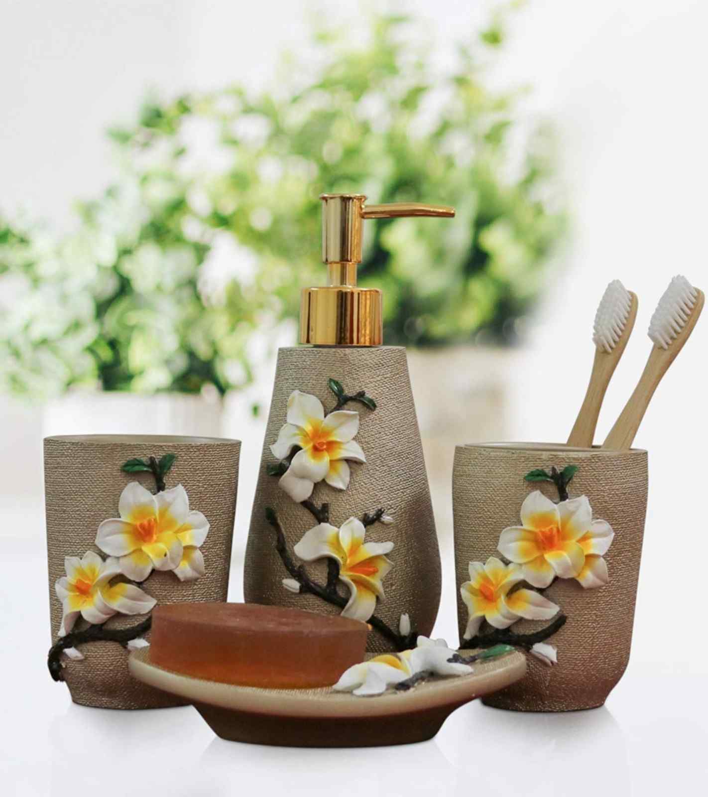 Premsons® Plumeria Dreams Bathroom Accessories Set of 4 – Dispenser, Soap Tray, Cup & Brush Stand – Durable Polyresin Finish