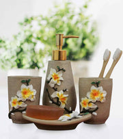 Premsons® Plumeria Dreams Bathroom Accessories Set of 4 – Dispenser, Soap Tray, Cup & Brush Stand – Durable Polyresin Finish