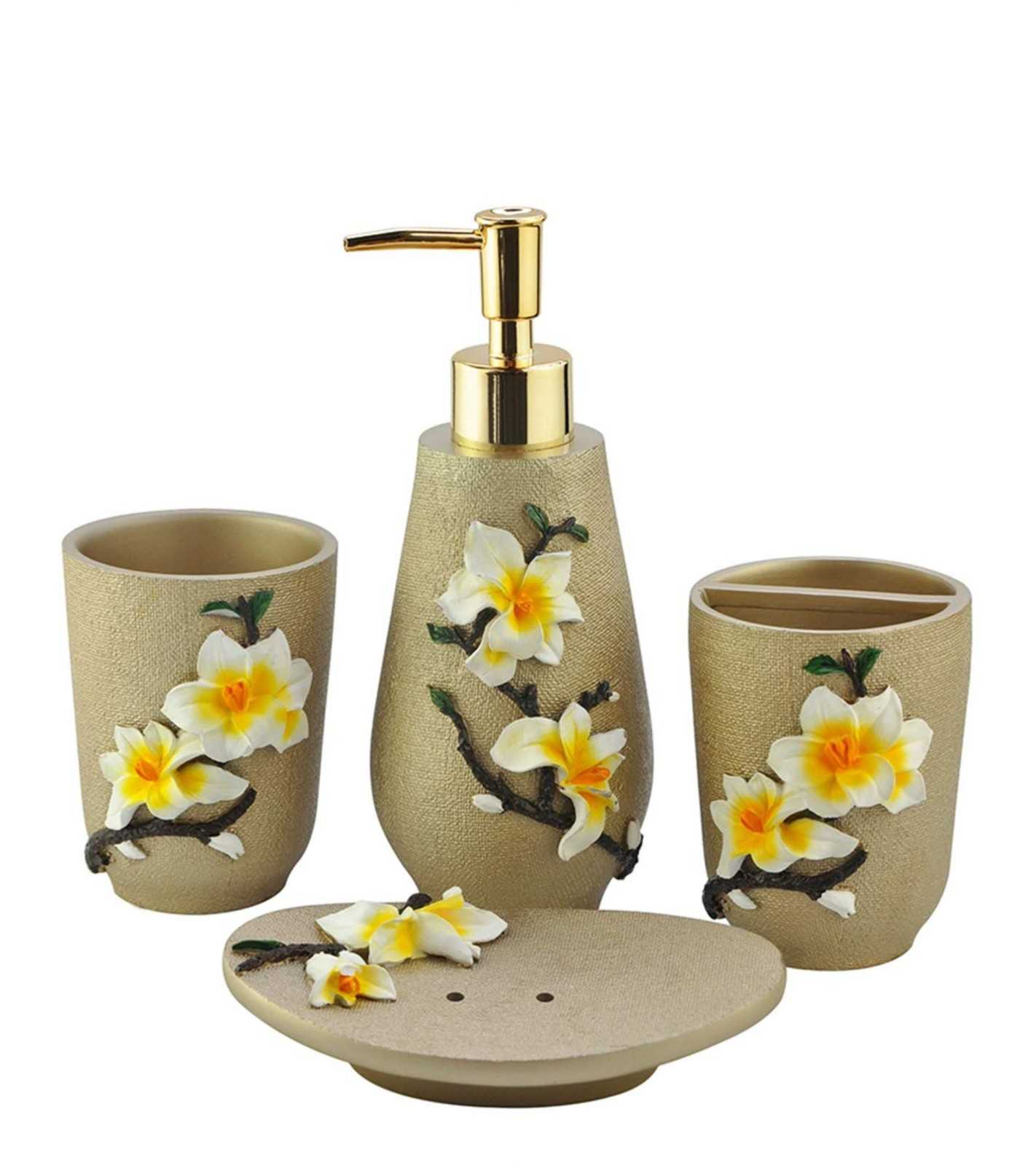 Premsons® Plumeria Dreams Bathroom Accessories Set of 4 – Dispenser, Soap Tray, Cup & Brush Stand – Durable Polyresin Finish