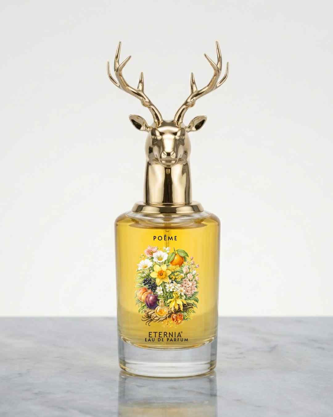 Floral perfume bottle with golden deer antler cap and amber glass