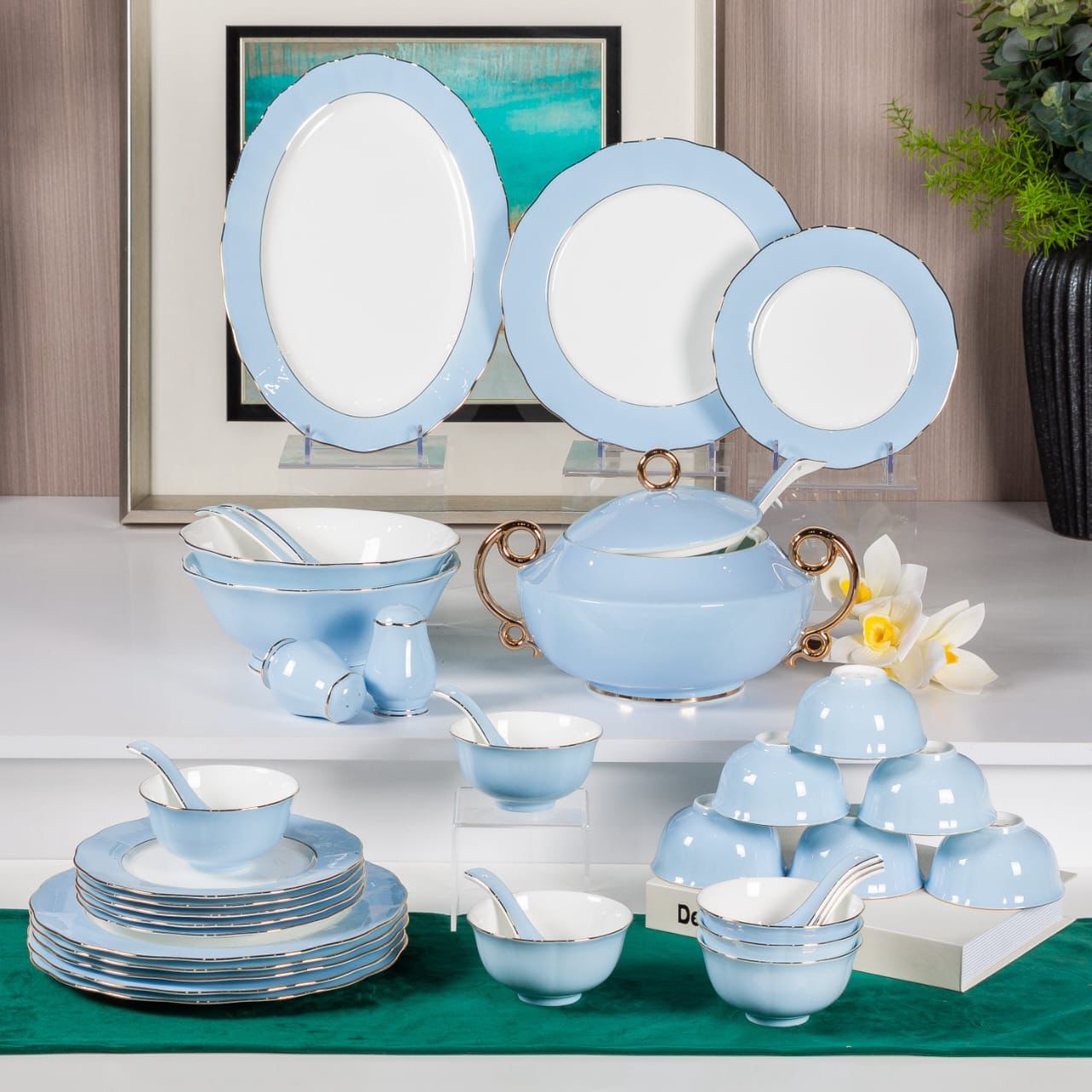 Premsons® 40-Piece Tableware Set – Elegant Porcelain Dining Set for 6 – Plates, Bowls & Serve Ware – Powder Blue