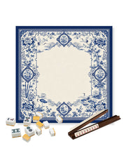 Blue-and-white square mahjong table mat with floral and bird corner details