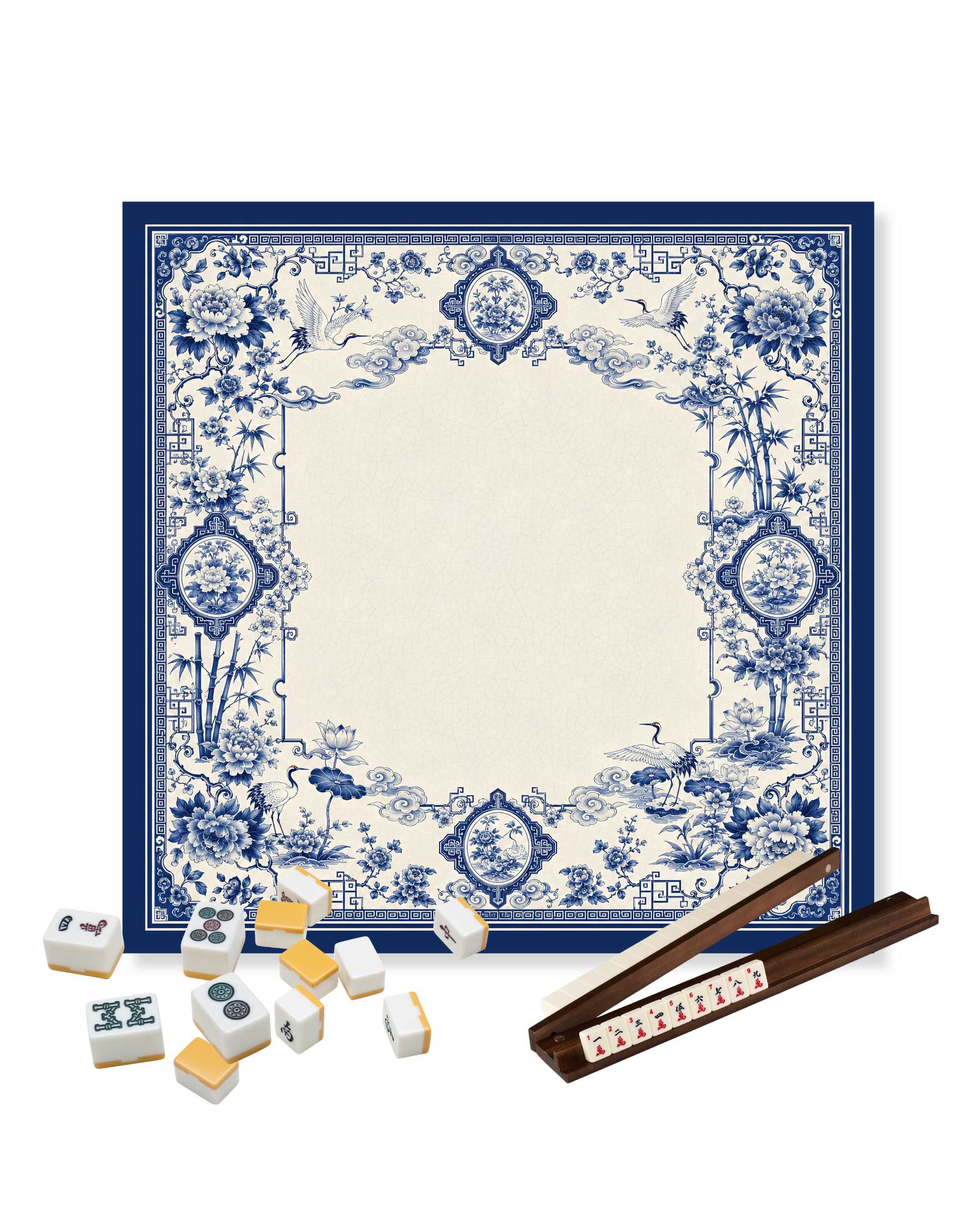 Blue-and-white square mahjong table mat with floral and bird corner details