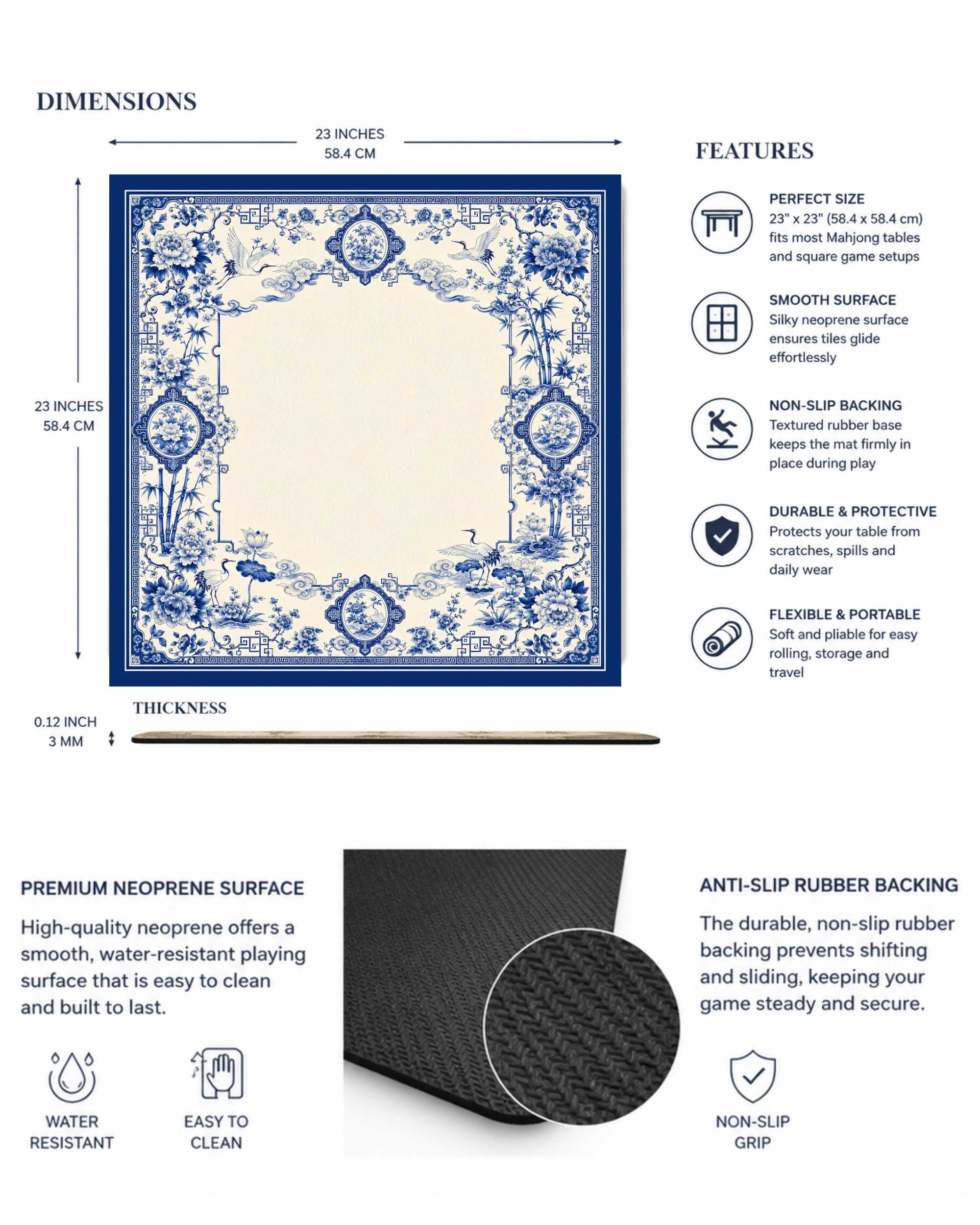 Square mahjong table mat with blue-and-white ornate border and non-slip rubber backing
