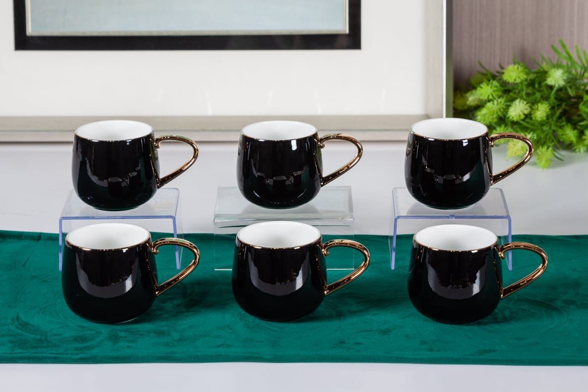 Premsons® Coffee Mugs Set of 6 – Elegant Porcelain Mugs for Coffee & Tea – Black