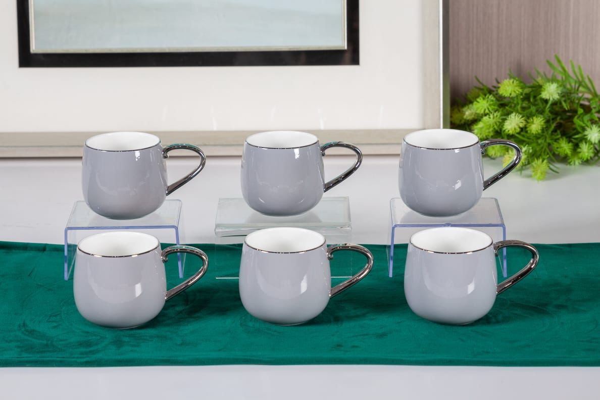 Premsons® Coffee Mugs Set of 6 – Elegant Porcelain Mugs for Coffee & Tea – Grey